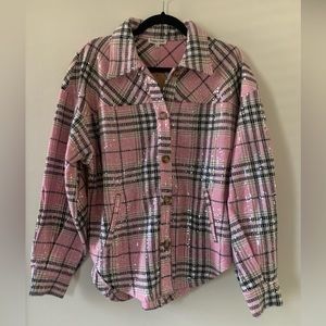 Mail Strip pink plaid sequin button up shirt jacket